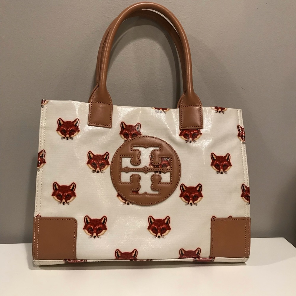 Tory Burch Ella Tote Bag Rare White Fox Print EUC